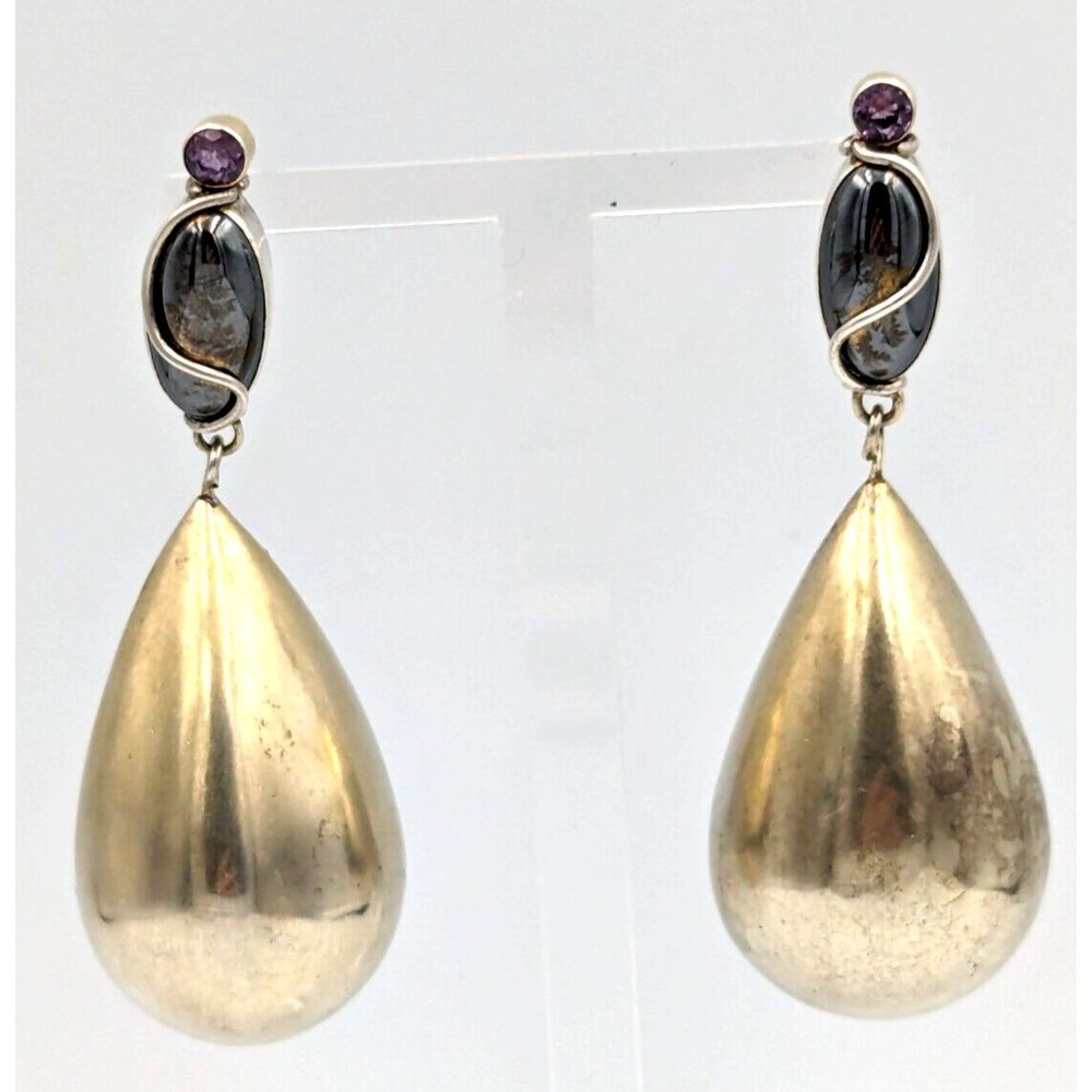 Sterling Silver 925 Hematite Amethyst Statement Dangle Teardrop Earrings